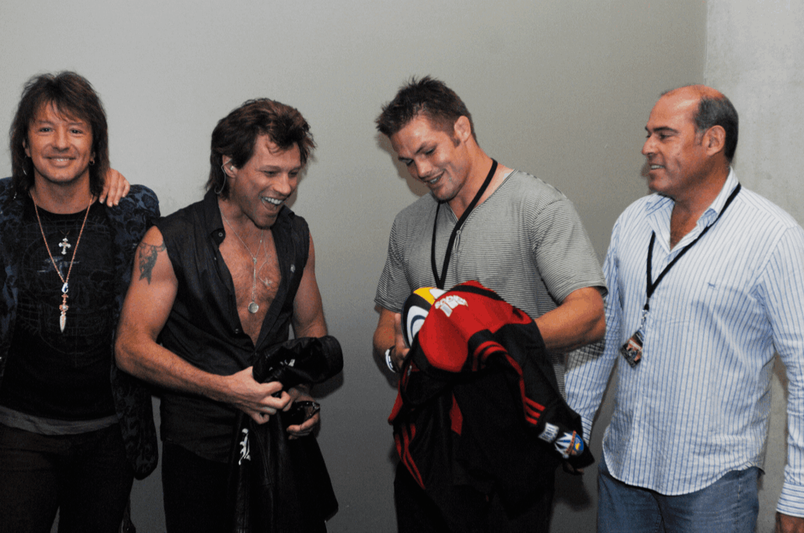 All Blacks captain Richie McCaw meets Jon Bon Jovi and Richie Sambora backstage in Christchurch — exclusive VIP artist access managed by KnotArt Capital C Concerts New Zealand
